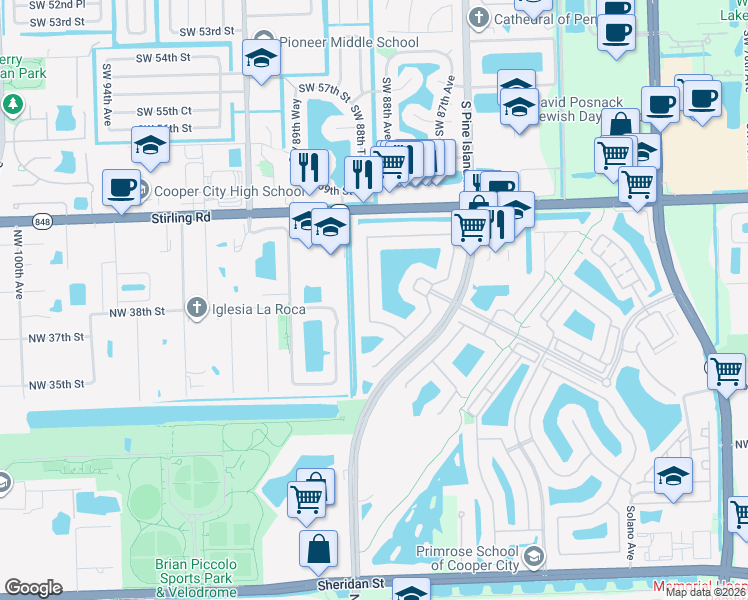 map of restaurants, bars, coffee shops, grocery stores, and more near 3805 Northwest 88th Terrace in Hollywood