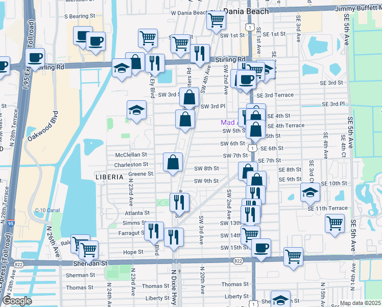 map of restaurants, bars, coffee shops, grocery stores, and more near 266 Southwest 7th Street in Dania Beach