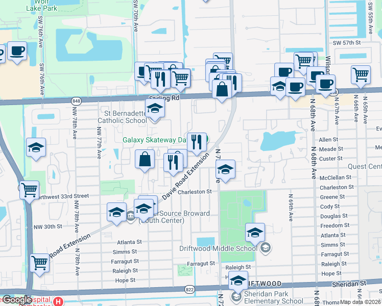 map of restaurants, bars, coffee shops, grocery stores, and more near 7301 Northwest 37th Street in Hollywood