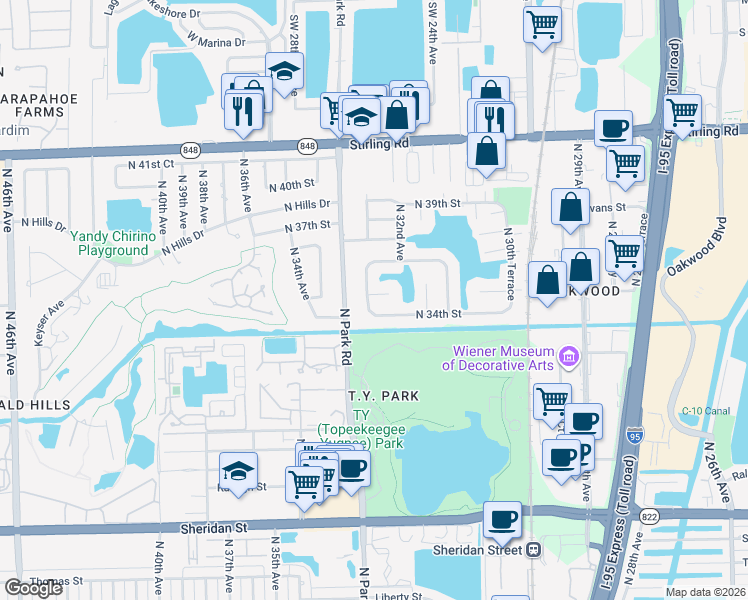 map of restaurants, bars, coffee shops, grocery stores, and more near 3411 North 32nd Terrace in Hollywood