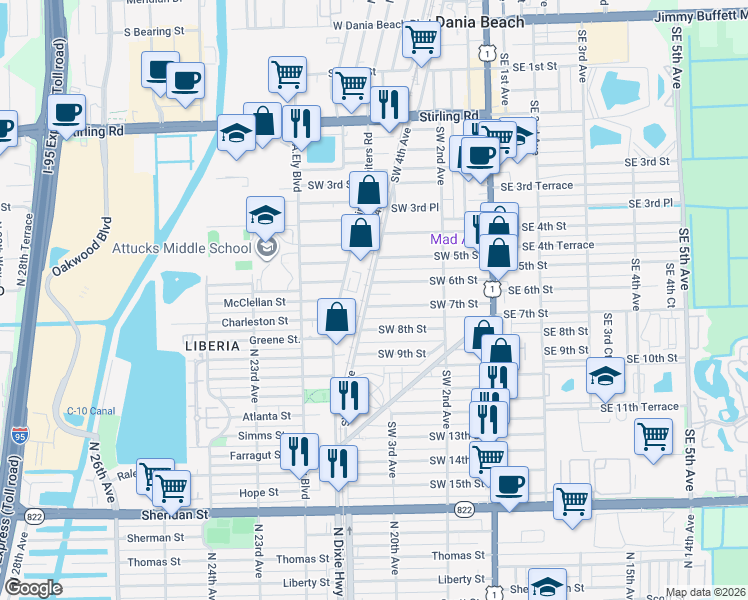 map of restaurants, bars, coffee shops, grocery stores, and more near 266 Southwest 7th Street in Dania Beach