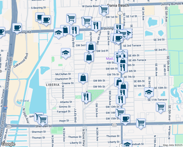map of restaurants, bars, coffee shops, grocery stores, and more near 266 Southwest 7th Street in Dania Beach