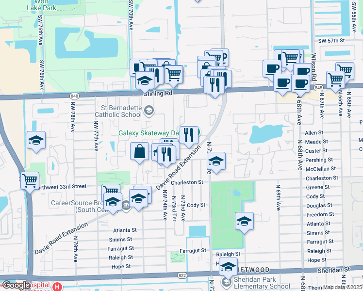 map of restaurants, bars, coffee shops, grocery stores, and more near 7301 Northwest 37th Street in Hollywood