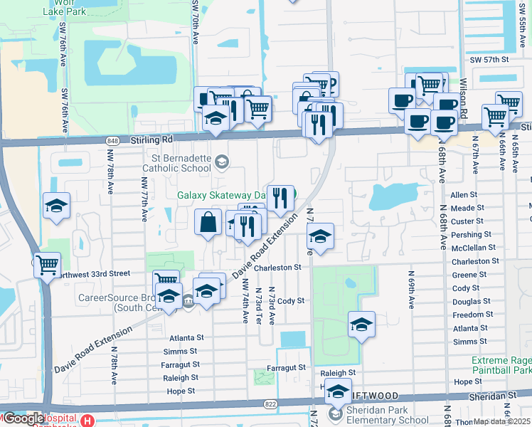 map of restaurants, bars, coffee shops, grocery stores, and more near 7301 Northwest 37th Street in Hollywood