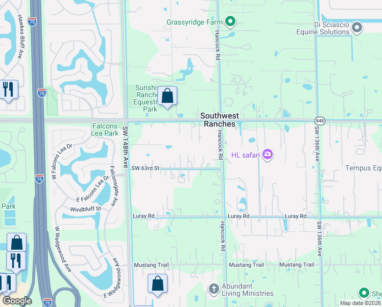 map of restaurants, bars, coffee shops, grocery stores, and more near 14401 Southwest 63rd Street in Southwest Ranches