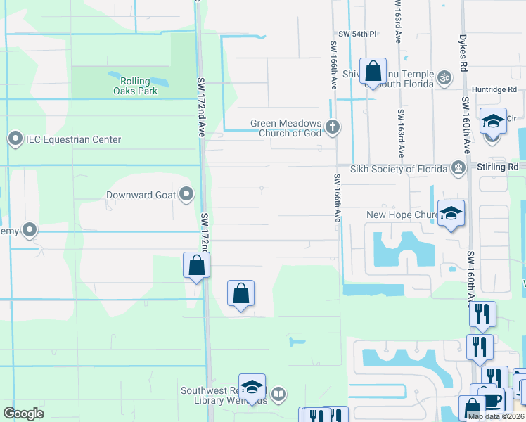map of restaurants, bars, coffee shops, grocery stores, and more near 16930 Southwest 62nd Street in Southwest Ranches