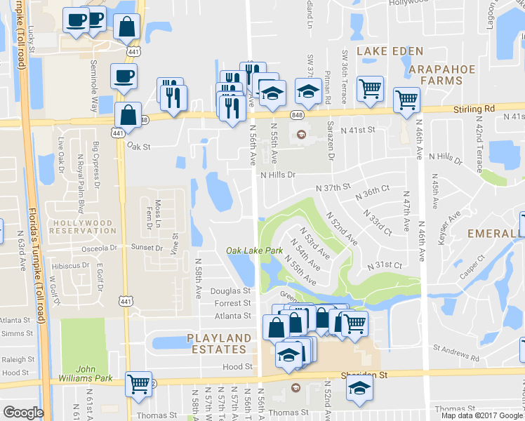 map of restaurants, bars, coffee shops, grocery stores, and more near 5430 North 37th Street in Hollywood
