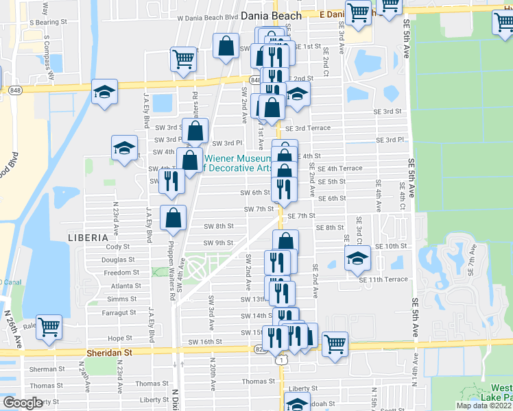 map of restaurants, bars, coffee shops, grocery stores, and more near 38 Southwest 7th Street in Dania Beach