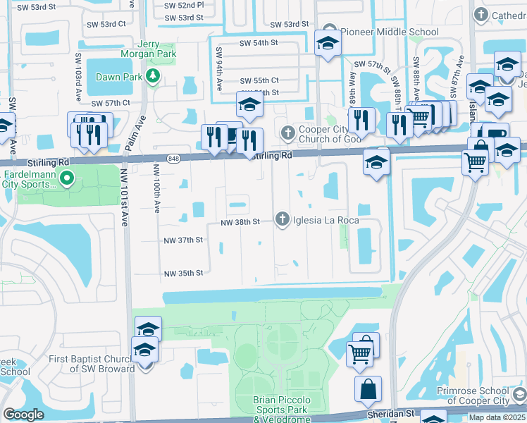 map of restaurants, bars, coffee shops, grocery stores, and more near 3850 Northwest 94th Avenue in Hollywood