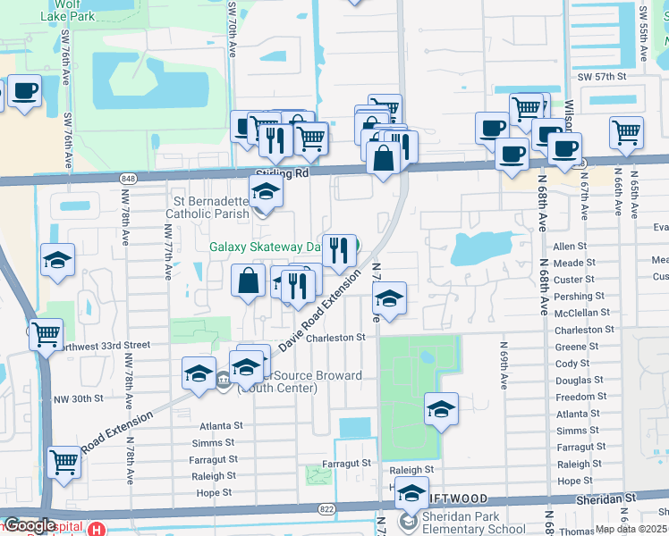 map of restaurants, bars, coffee shops, grocery stores, and more near 7301 Northwest 37th Street in Hollywood