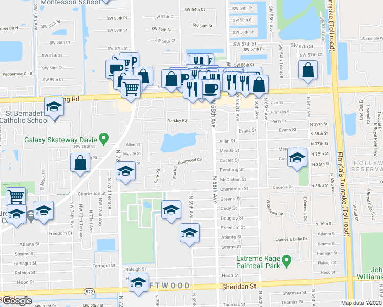 map of restaurants, bars, coffee shops, grocery stores, and more near 312 Briarwood Circle in Hollywood