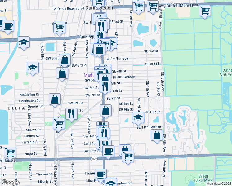 map of restaurants, bars, coffee shops, grocery stores, and more near 31 Southeast 7th Street in Dania Beach