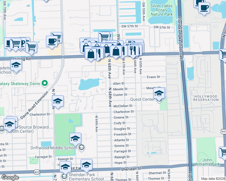 map of restaurants, bars, coffee shops, grocery stores, and more near 6780 Meade Street in Hollywood
