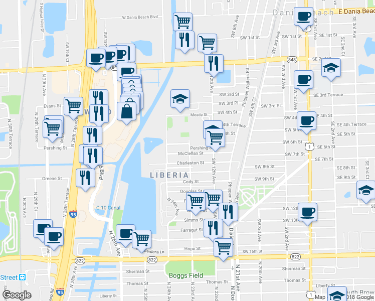 map of restaurants, bars, coffee shops, grocery stores, and more near 3600 North 23rd Avenue in Hollywood
