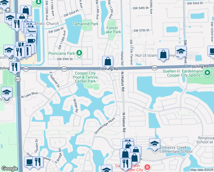 map of restaurants, bars, coffee shops, grocery stores, and more near 11330 Lakeshore Drive in Hollywood