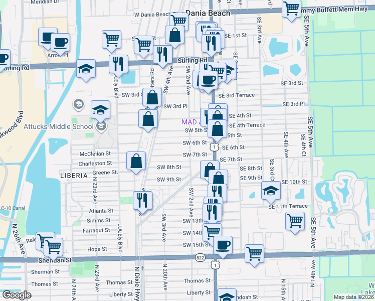 map of restaurants, bars, coffee shops, grocery stores, and more near 38 Southwest 7th Street in Dania Beach