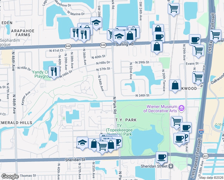 map of restaurants, bars, coffee shops, grocery stores, and more near 3480 North Park Road in Hollywood