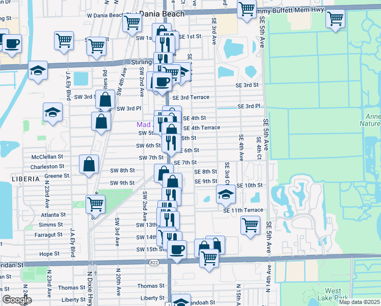 map of restaurants, bars, coffee shops, grocery stores, and more near 31 Southeast 7th Street in Dania Beach