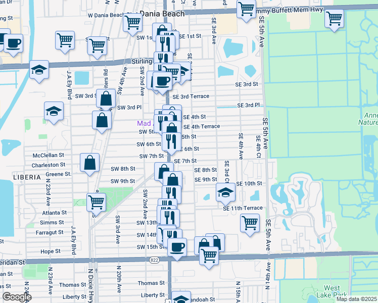 map of restaurants, bars, coffee shops, grocery stores, and more near 31 Southeast 7th Street in Dania Beach