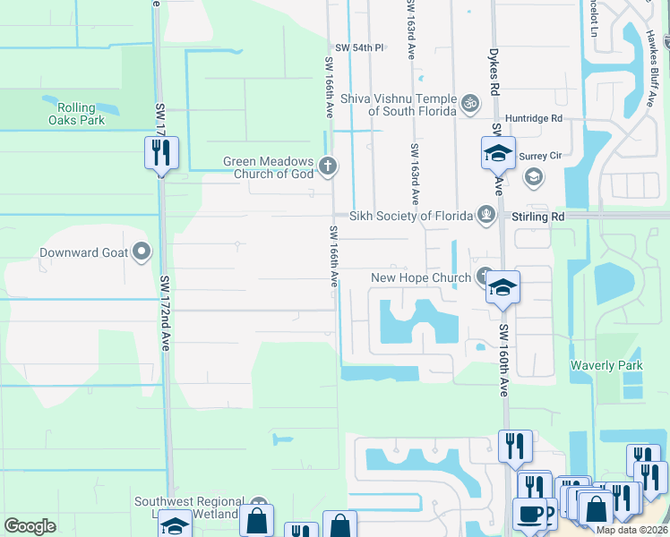 map of restaurants, bars, coffee shops, grocery stores, and more near 16540 Southwest 62nd Street in Southwest Ranches