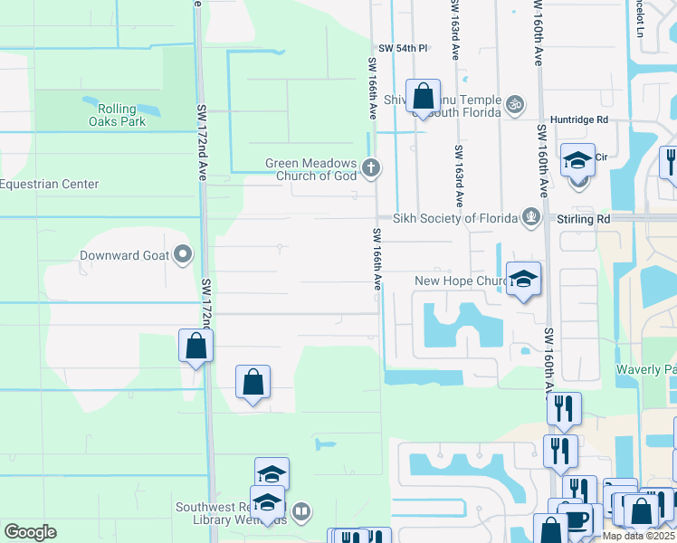 map of restaurants, bars, coffee shops, grocery stores, and more near 16725 Southwest 62nd Street in Southwest Ranches