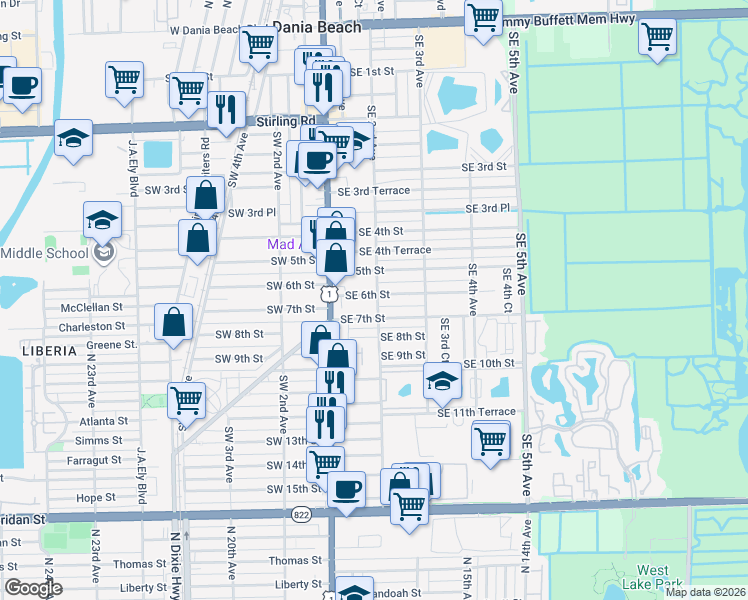 map of restaurants, bars, coffee shops, grocery stores, and more near 31 Southeast 7th Street in Dania Beach