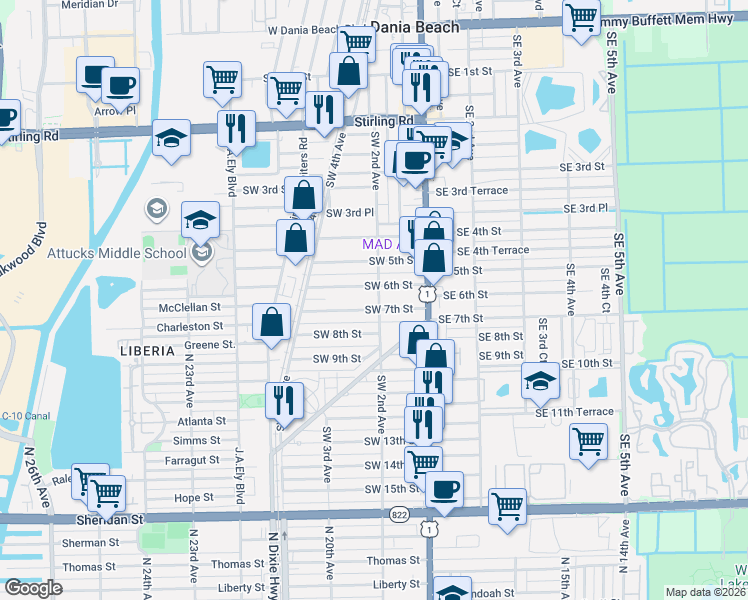 map of restaurants, bars, coffee shops, grocery stores, and more near 38 Southwest 7th Street in Dania Beach