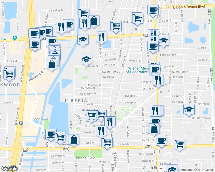 map of restaurants, bars, coffee shops, grocery stores, and more near 713 Southwest 7th Street in Dania Beach