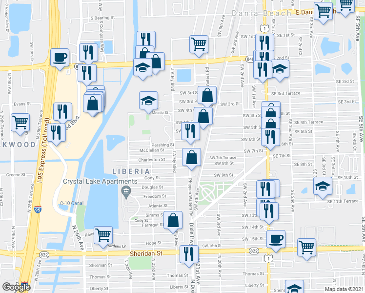 map of restaurants, bars, coffee shops, grocery stores, and more near 713 Southwest 7th Street in Dania Beach