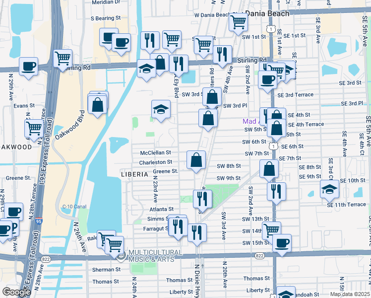 map of restaurants, bars, coffee shops, grocery stores, and more near 713 Southwest 7th Street in Dania Beach
