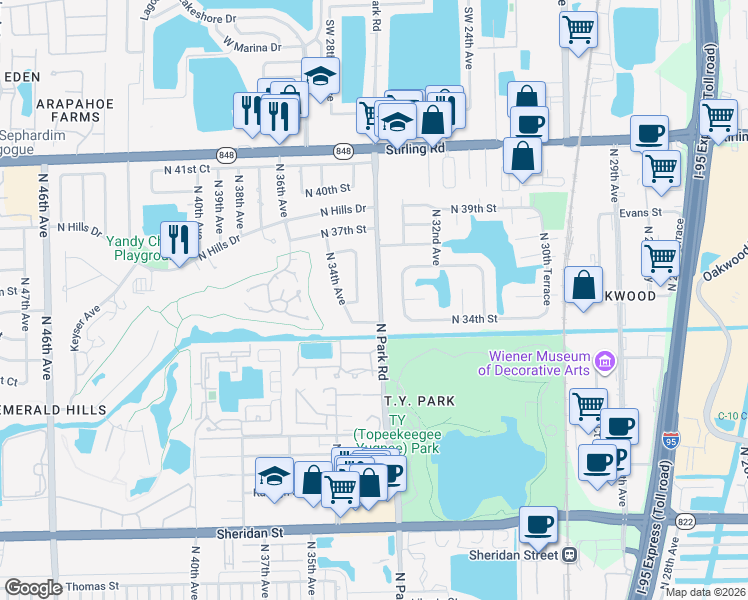 map of restaurants, bars, coffee shops, grocery stores, and more near 3480 North Park Road in Hollywood
