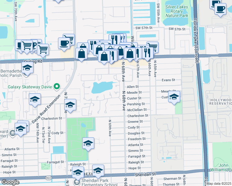 map of restaurants, bars, coffee shops, grocery stores, and more near 230 Briarwood Circle in Hollywood
