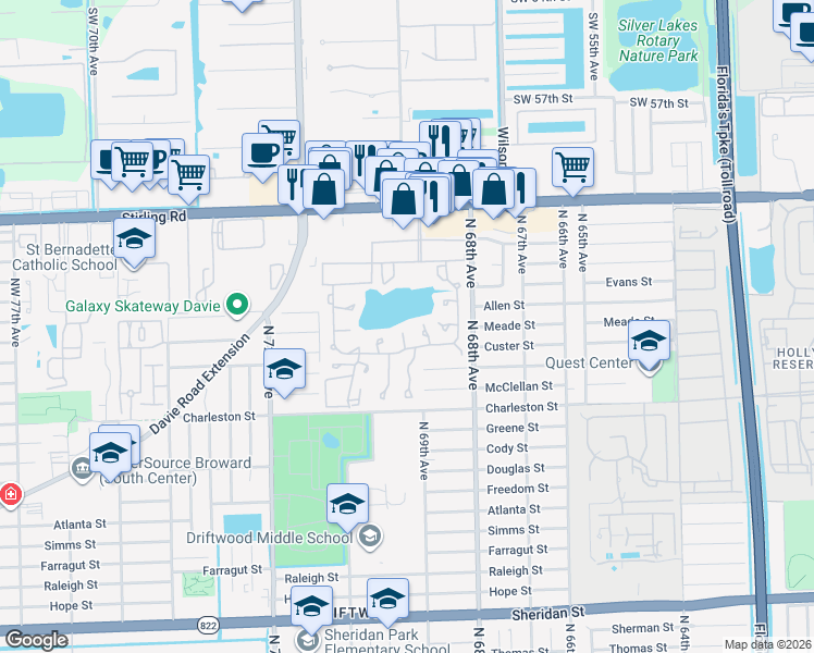 map of restaurants, bars, coffee shops, grocery stores, and more near 312 Briarwood Circle in Hollywood