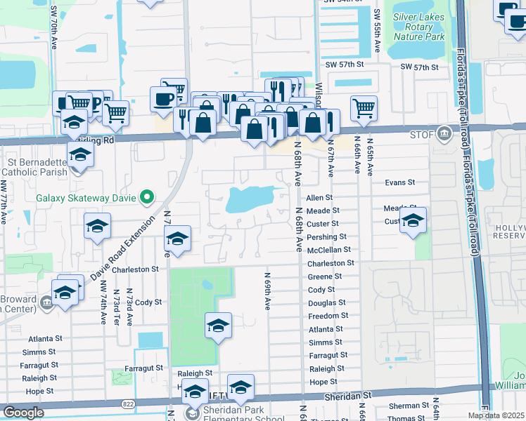 map of restaurants, bars, coffee shops, grocery stores, and more near 312 Briarwood Circle in Hollywood