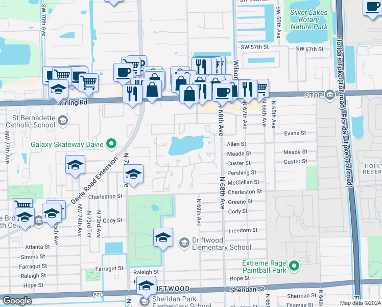 map of restaurants, bars, coffee shops, grocery stores, and more near 312 Briarwood Circle in Hollywood