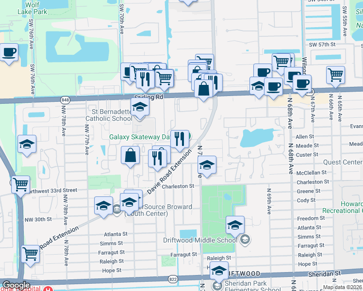 map of restaurants, bars, coffee shops, grocery stores, and more near 7301 Northwest 37th Street in Hollywood