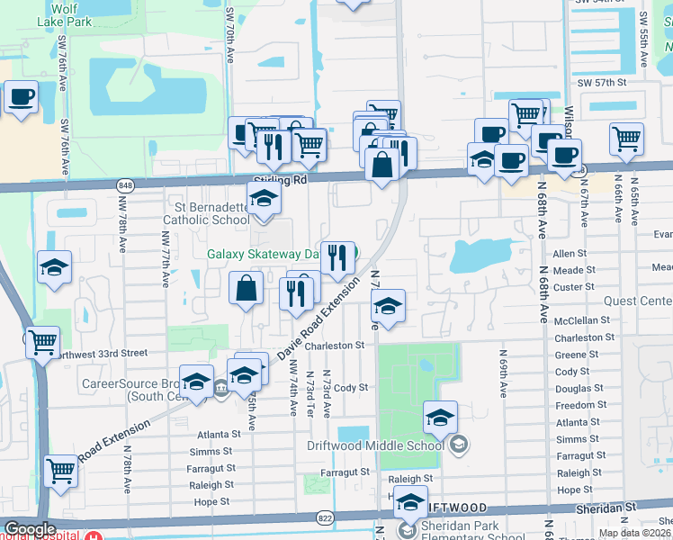 map of restaurants, bars, coffee shops, grocery stores, and more near 7301 Northwest 37th Street in Hollywood