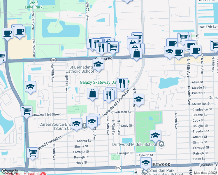map of restaurants, bars, coffee shops, grocery stores, and more near 7391 Northwest 37th Street in Hollywood