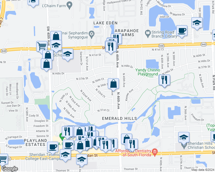 map of restaurants, bars, coffee shops, grocery stores, and more near 4730 North 36th Street in Hollywood