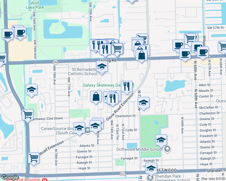map of restaurants, bars, coffee shops, grocery stores, and more near 7391 Northwest 37th Street in Hollywood