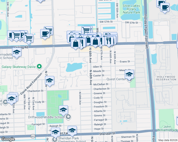 map of restaurants, bars, coffee shops, grocery stores, and more near 6780 Meade Street in Hollywood