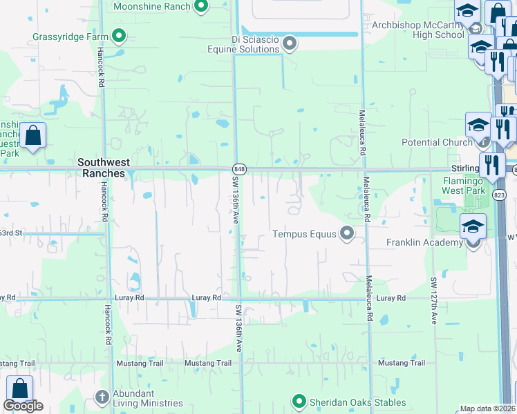 map of restaurants, bars, coffee shops, grocery stores, and more near 13500 Stirling Road in Southwest Ranches