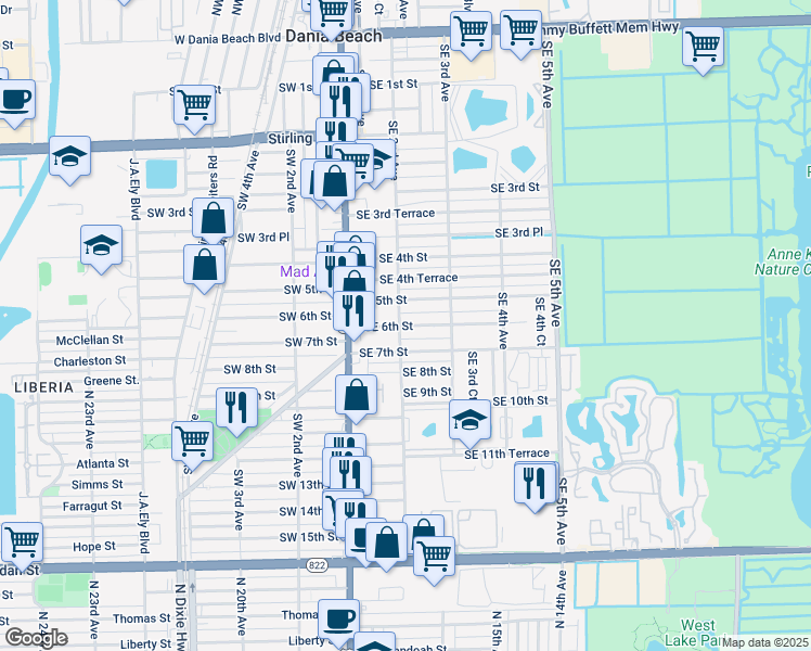 map of restaurants, bars, coffee shops, grocery stores, and more near 219 Southeast 7th Street in Dania Beach