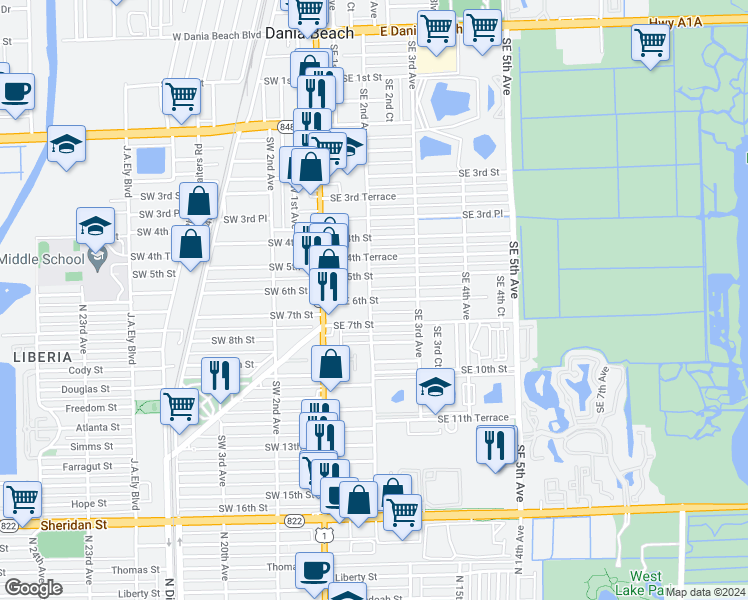 map of restaurants, bars, coffee shops, grocery stores, and more near 219 Southeast 7th Street in Dania Beach