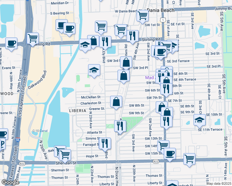 map of restaurants, bars, coffee shops, grocery stores, and more near 615 Phippen Waiters Road in Dania Beach