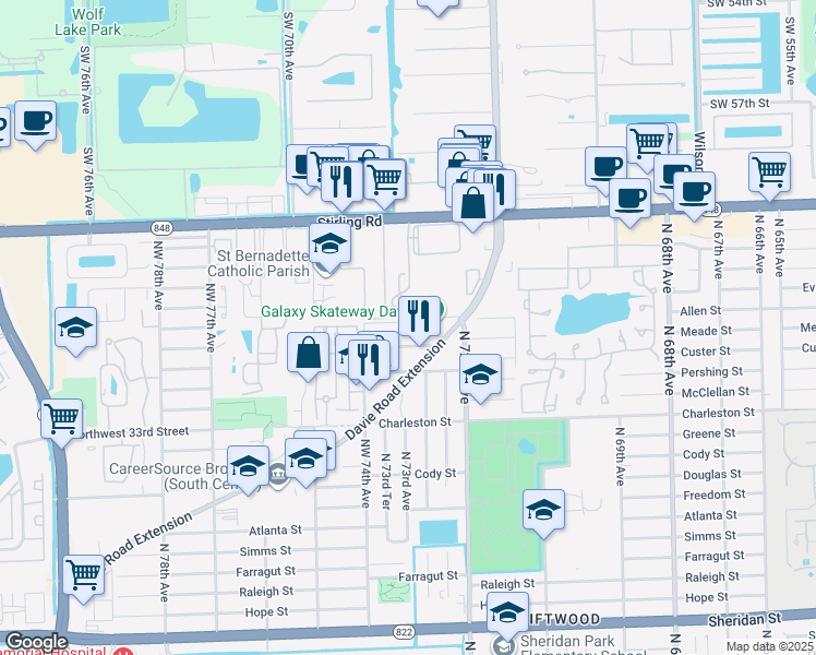 map of restaurants, bars, coffee shops, grocery stores, and more near 7301 Northwest 37th Street in Hollywood
