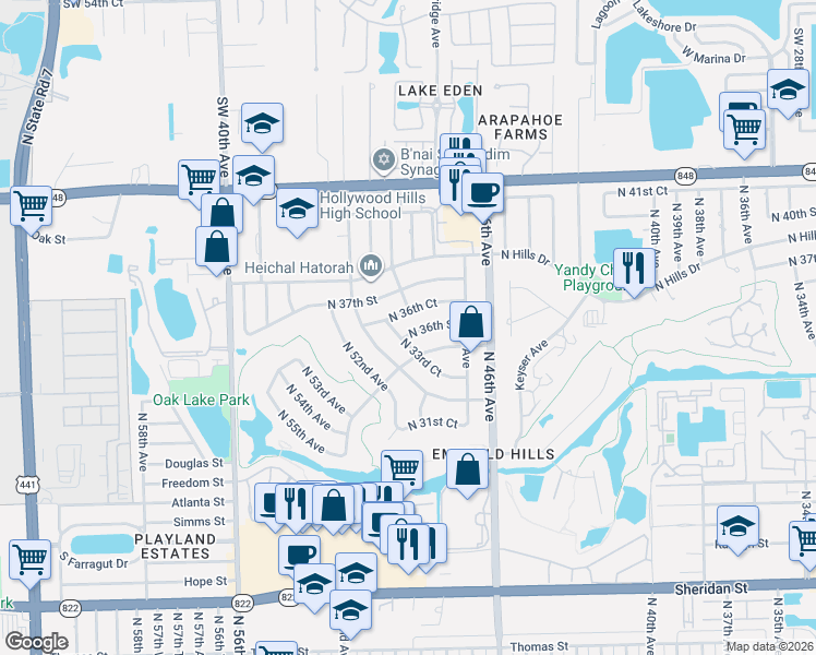 map of restaurants, bars, coffee shops, grocery stores, and more near 4901 North 35th Street in Hollywood
