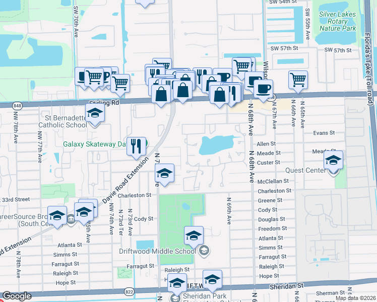 map of restaurants, bars, coffee shops, grocery stores, and more near 501 Briarwood Circle in Hollywood