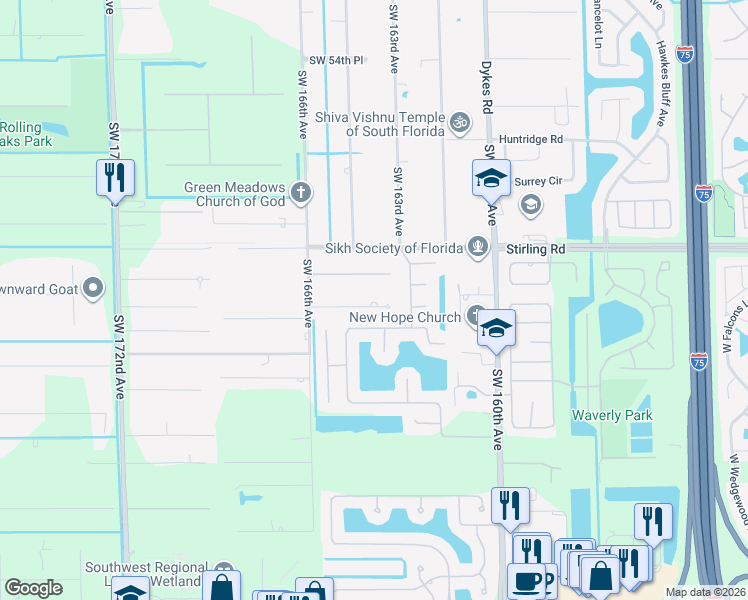 map of restaurants, bars, coffee shops, grocery stores, and more near 16540 Southwest 62nd Street in Southwest Ranches