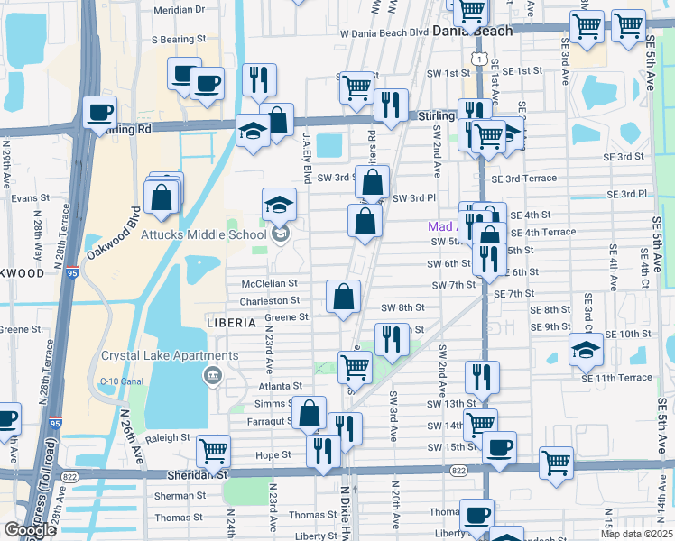 map of restaurants, bars, coffee shops, grocery stores, and more near 711 Southwest 6th Street in Dania Beach